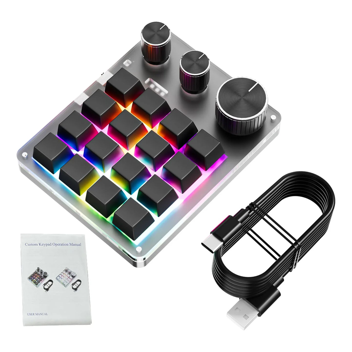 Programmable Macro Keyboard 16-Keys 3 Knob Gaming Keypad with USB Wired+BlueTooth Mode Volume Controller Programmable Macro Keyboard