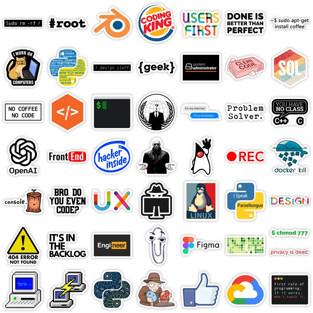Geek Developers Stickers Programming Languages Application Logo Waterproof Decal for Laptop Luggage Phone Decorative