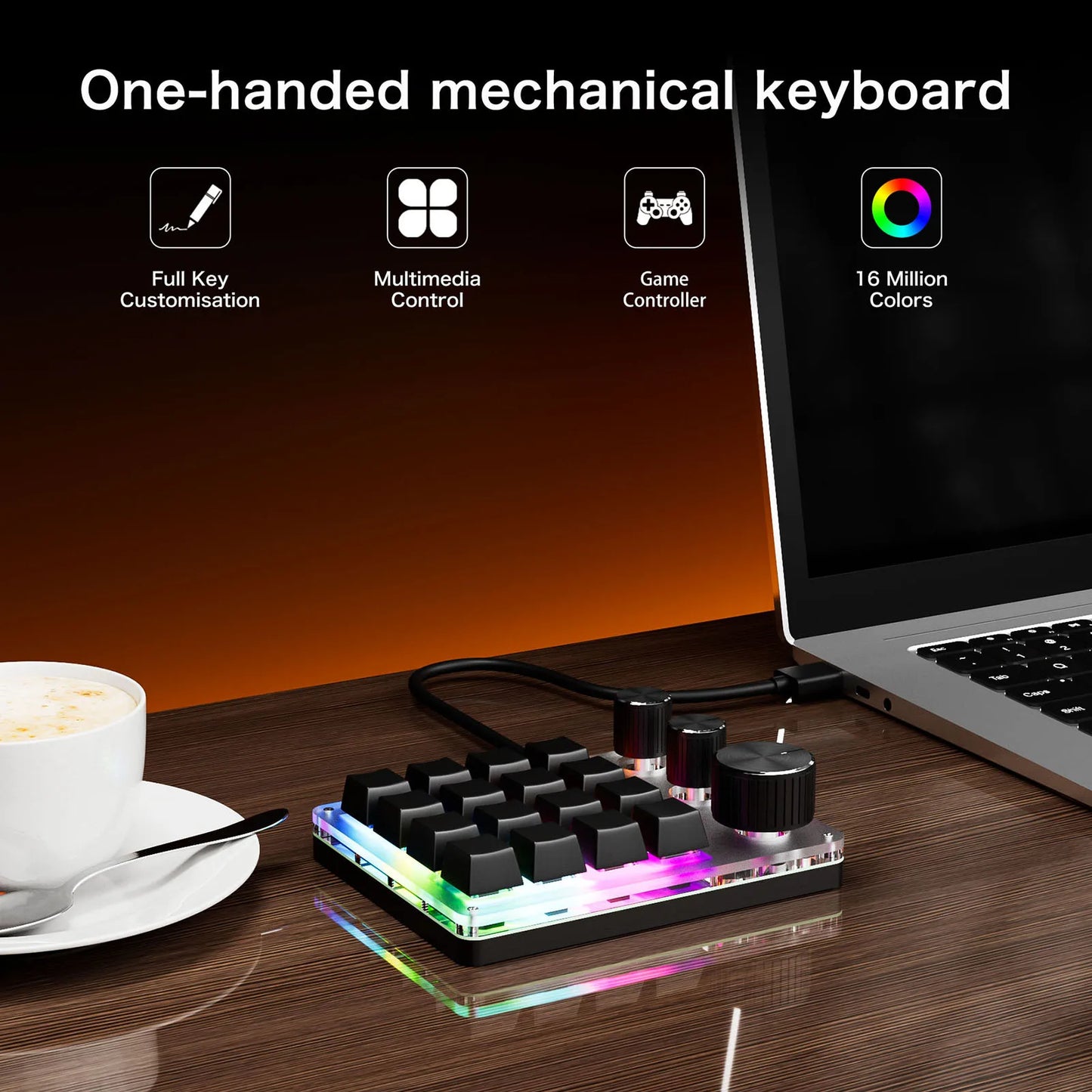 Programmable Macro Keyboard 16-Keys 3 Knob Gaming Keypad with USB Wired+BlueTooth Mode Volume Controller Programmable Macro Keyboard